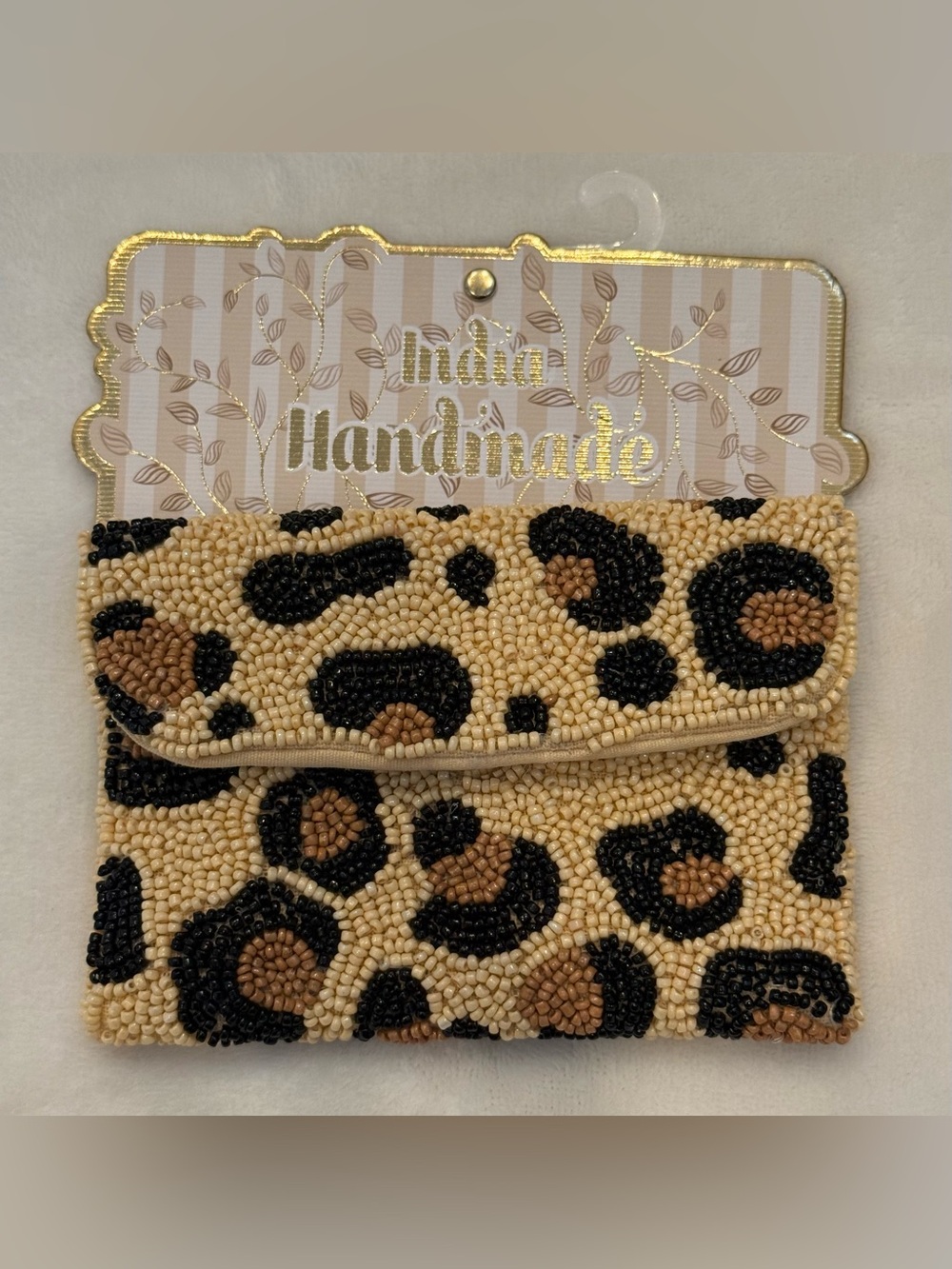India Handmade Leopard Beaded Wallet. NWT